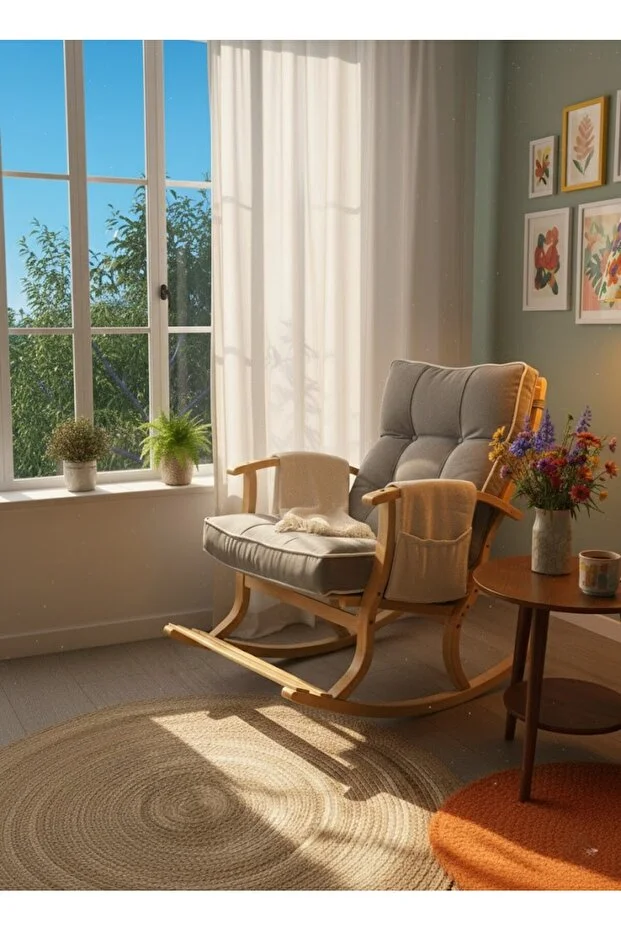 Ahşap Sallanır Koltuk Sallanan Sandalye TV Koltuğu Baba Koltuğu Çift Taraflı Minderli